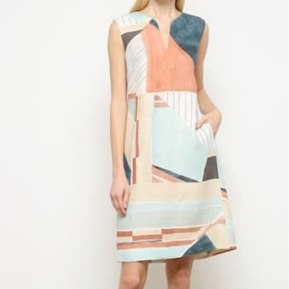 Lafayette 148 New York Taren Linen Shift Dress Sleeveless Pacific Multi Sz. 10 - Picture 1 of 4
